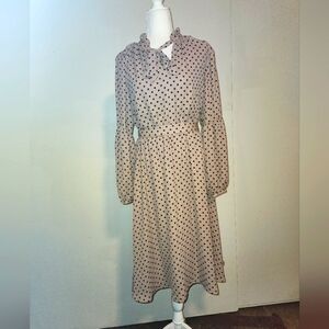 Worthington Dusty Mauve Rose Gold Black Polka Dot Long Sleeve Midi Dress Medium